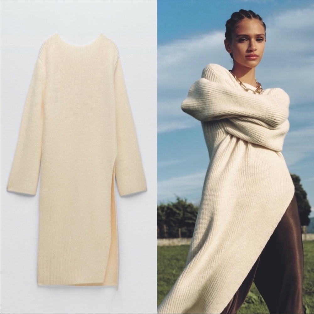 Zara Cream Ribbed Knit Side Slit Tunic Sweater